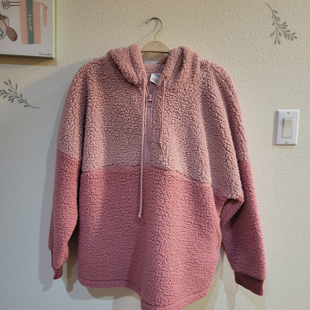 Victoria's Secret PINK Cozy Pink Two Tone Sherpa Hoodie Quarter Zip. Size XL